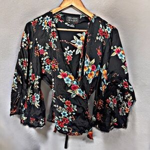 🩵Spencer Jeremy 100% Silk Floral Wrap Blouse Kimono Sleeve Lace Top M
